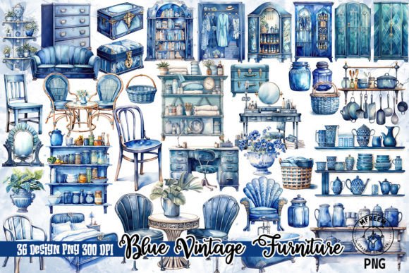 Blue Vintage Furniture Clipart PNG: A Designer’s Asset