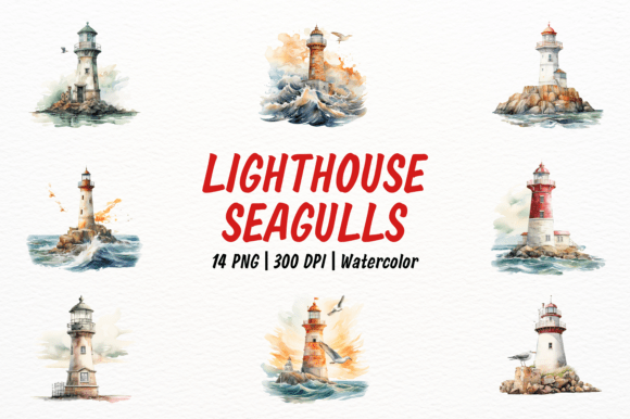 Capturing Coastal Charm with Lighthouse and Seagulls Clipart