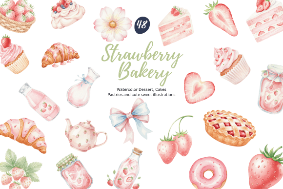 Enchanting Watercolor Strawberry Bakery Clipart for Sweet Designs