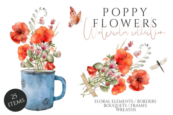 Poppy Flowers Watercolor Set: Design with Botanical Charm