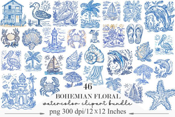 Summer Coastal Hand Drawn Line Art PNG: Your Design Toolkit