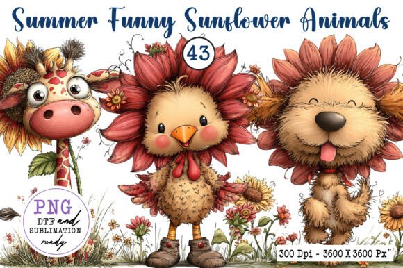 Summer Funny Sunflower Animals Clipart: Whimsical Design Assets