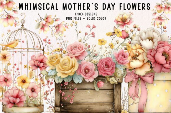 Whimsical Mother's Day Flowers Clipart: 46 Designs for Creative Projects