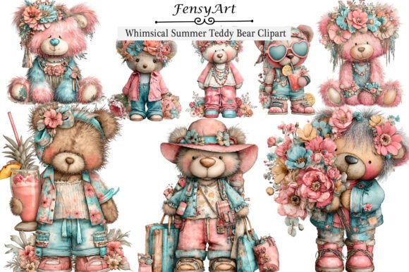 Whimsical Summer Teddy Bear Clipart: A Playful Asset for Creative Projects